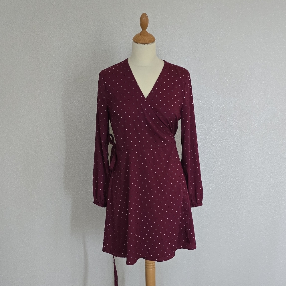 Ann Taylor Loft burgundy and white star print wrap dress with long sleeves